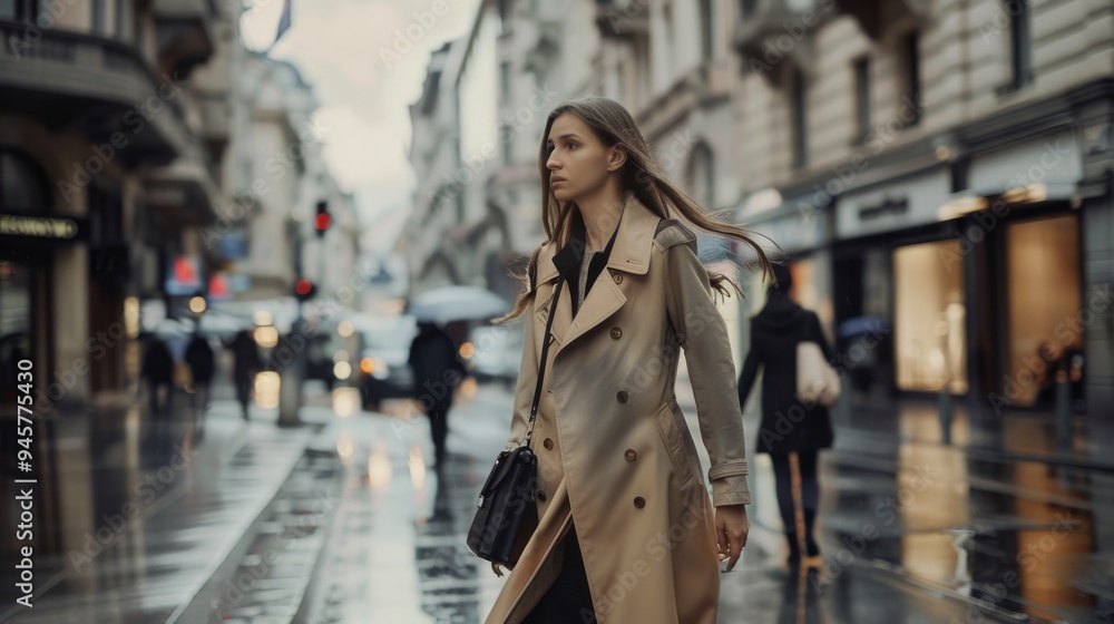 Obraz premium A stylish woman strolls purposefully through a rainy city street, her trench coat flowing, as urban life bustles in the background.