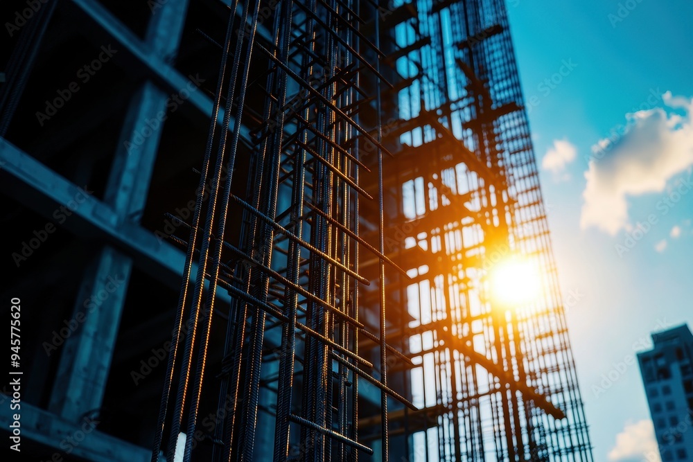 A striking view of building construction, showcasing beams and scaffolding against a vibrant sunset sky. A striking view of building construction, showcasing beams and scaffolding against a vibrant sunset sky.