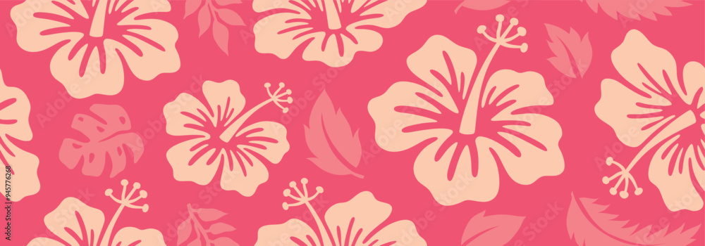 Fototapeta premium Hibiscus flower with tropical leaf seamless pattern