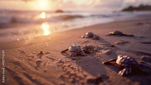 Tiny sea turtles make their way to the ocean, bathed in the golden light of a beautiful sunrise, symbolizing hope and new beginnings.