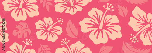 Hibiscus flower with tropical leaf seamless pattern