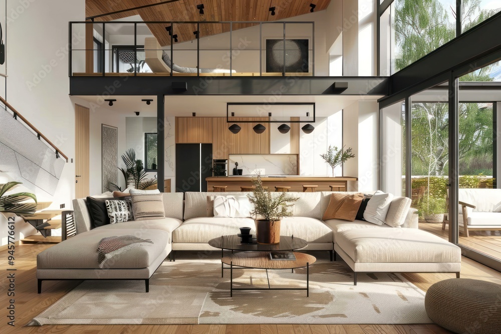 Fototapeta premium Modern Living Room Design with Sectional Sofa and Large Windows