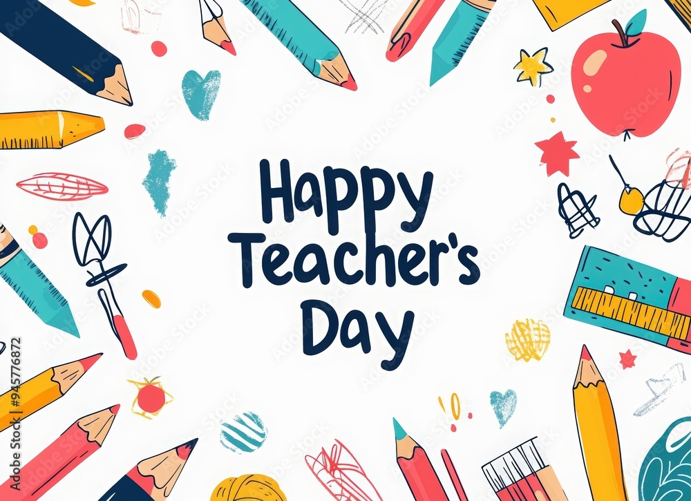 happy Teacher's Day card with school elements, text happy Teacher's Day card with school elements, text