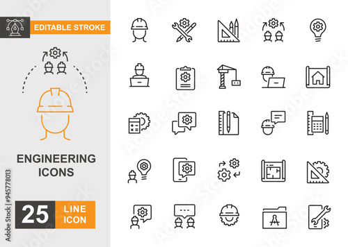 Engineering icon set. Working, inspector, contruction and more line icon.
