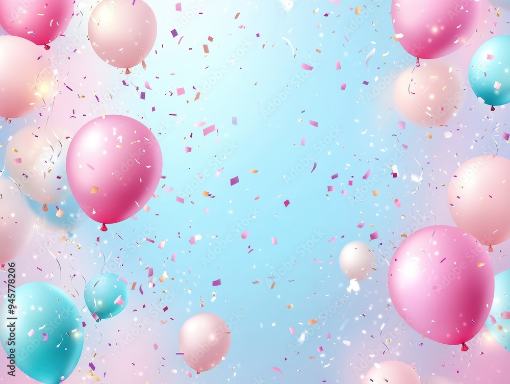 Pink and Blue Balloons with Confetti on a Pastel Background - Festive Celebration Image. Pink and Blue Balloons with Confetti on a Pastel Background - Festive Celebration Image.