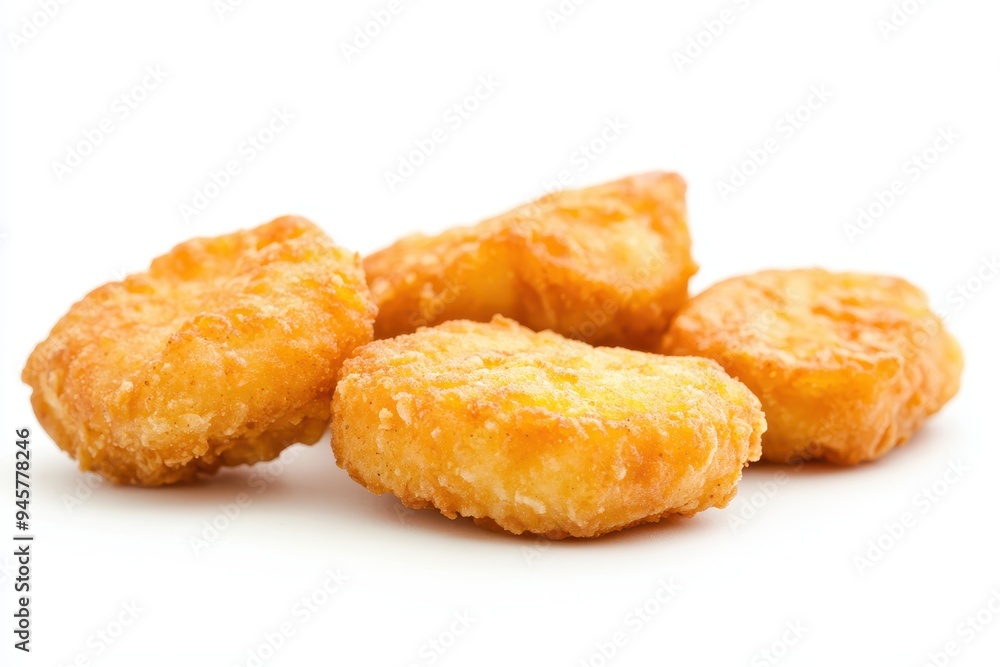 Crispy golden nuggets arranged on a white background, ideal for snacking or meals. Crispy golden nuggets arranged on a white background, ideal for snacking or meals.