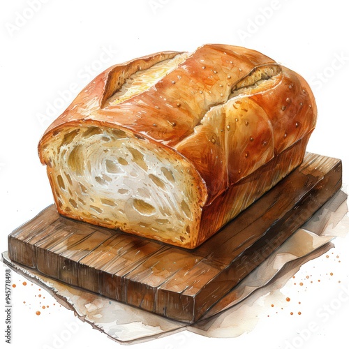 A watercolor illustration of a freshly baked loaf of bread on a rustic wooden cutting board