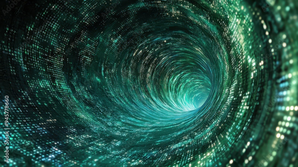 Obraz premium Abstract Digital Tunnel of Binary Code with Green Lights - Technology Background.