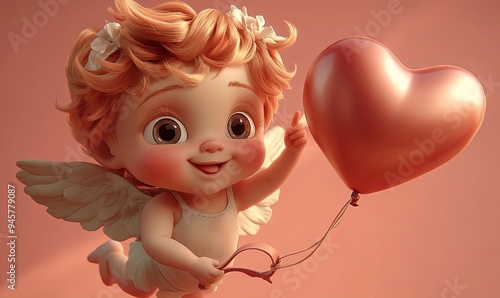 A cute cartoon cherub with golden hair and wings is flying and holding a red heart shaped balloon.