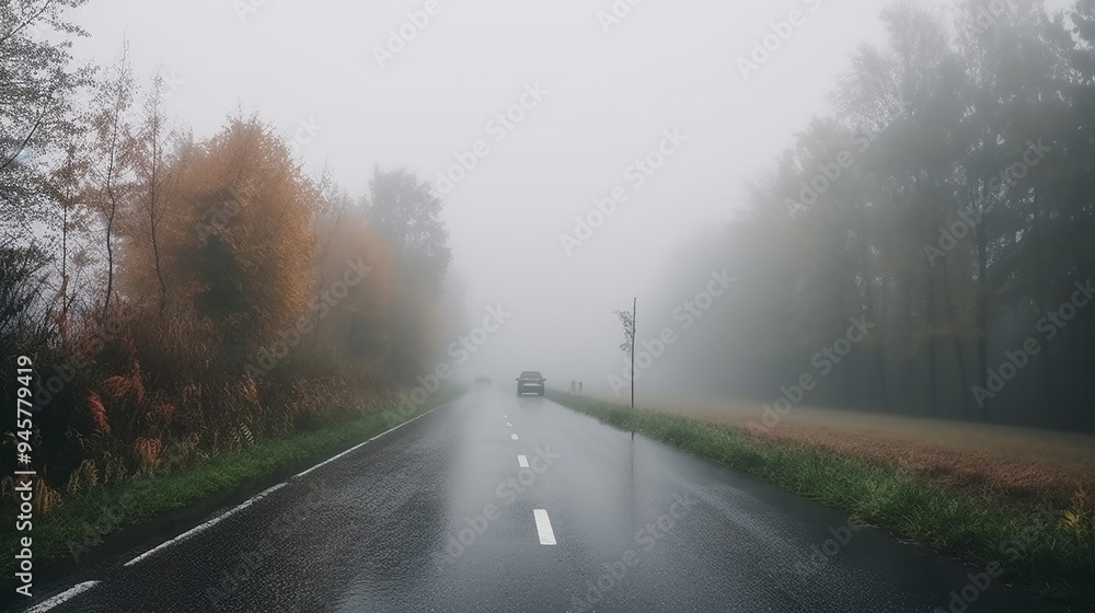 Fototapeta premium Autumn Landscape Highway Rain and Fog Europe