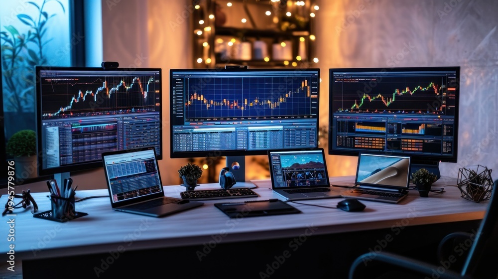 Fototapeta premium A modern desk with three monitors and two laptops on it