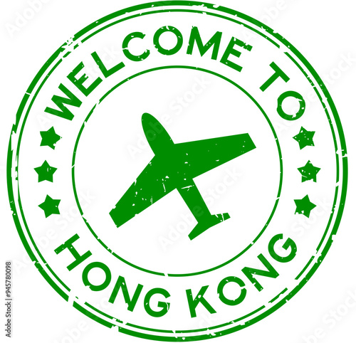 Grunge green welcome to hong kong with airplane icon round rubber seal stamp on white background