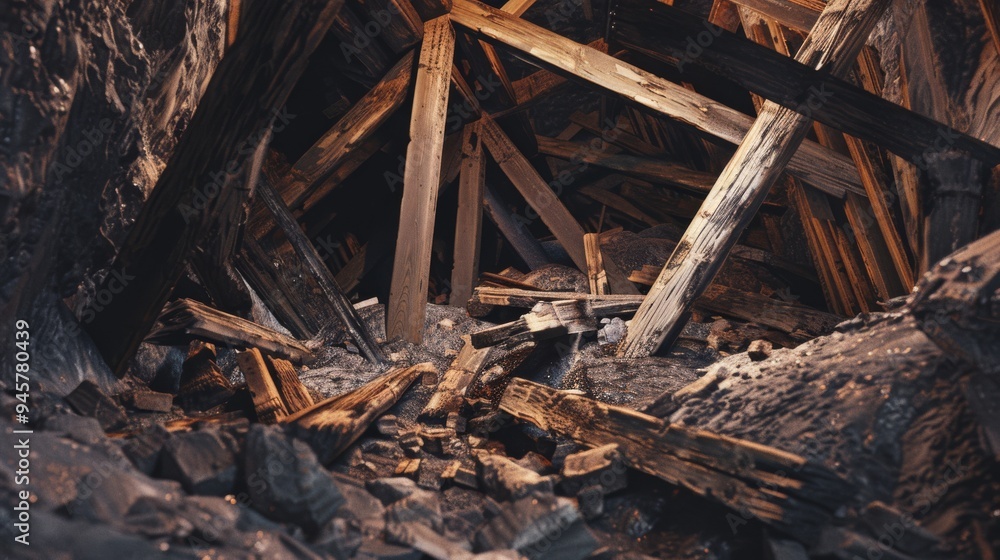 A collapsed and abandoned wooden mine tunnel filled with broken beams and rocks, offering a glimpse into the past's harsh realities. A collapsed and abandoned wooden mine tunnel filled with broken beams and rocks, offering a glimpse into the past's harsh realities.