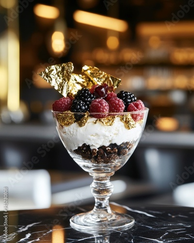 Elegant Ice Cream Dessert Garnished with Edible Gold Leaf and Fresh Berries with Copy Space photo