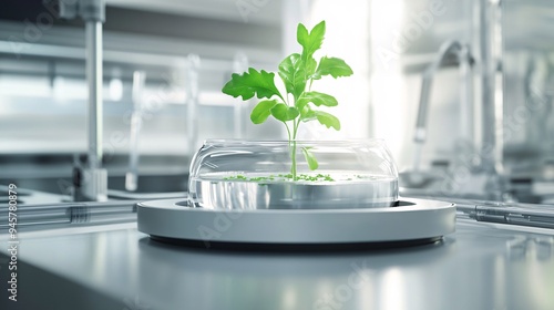 detailed illustration, tissue culture, young plant growing from a small culture vessel, nutrient medium visible, precise lab instruments surrounding the vessel, sterile white background, soft photo