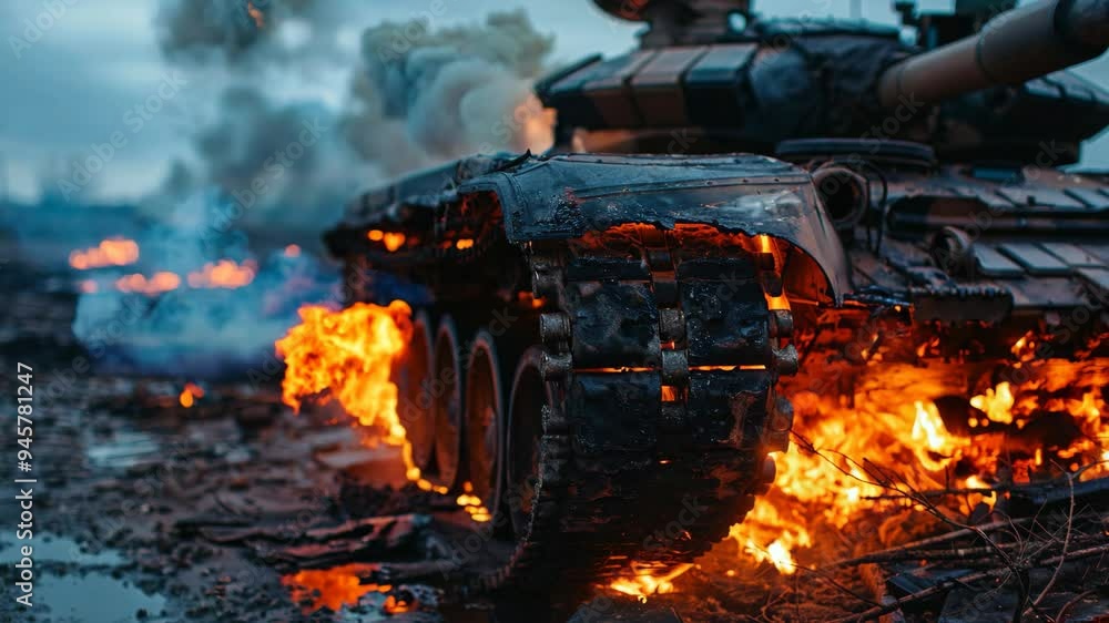 Burning tank wreckage amidst smoke and chaos in a wartorn landscape at dusk Burning tank wreckage amidst smoke and chaos in a wartorn landscape at dusk