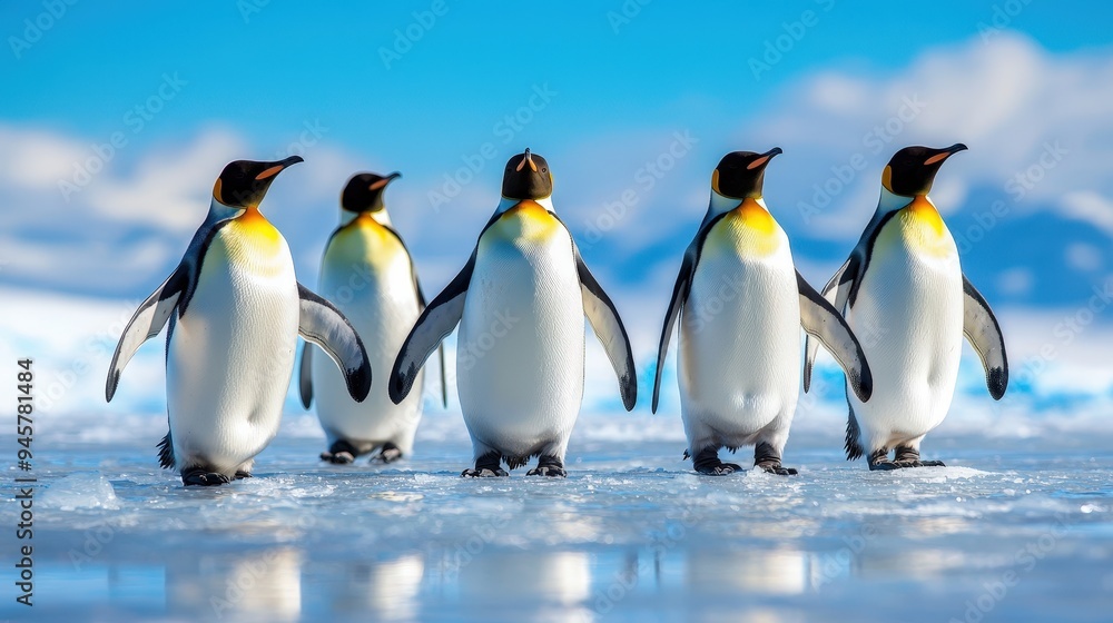 Fototapeta premium A group of penguins waddling across the icy terrain