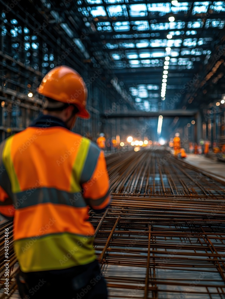 Construction worker observes metal rods in a large industrial building site, highlighting safety and teamwork in the construction industry. Construction worker observes metal rods in a large industrial building site, highlighting safety and teamwork in the construction industry.