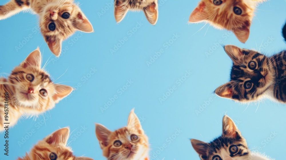 Obraz premium A circle of curious kittens looking down at the camera against a bright blue sky, capturing an adorable and playful moment.