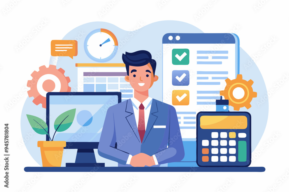 Salary payroll system, online income calculate and automatic payment, office accounting administrative or calendar pay date, employee wages concept, businessman standing with online payroll computer.
Salary payroll system, online income calculate and automatic payment, office accounting administrative or calendar pay date, employee wages concept, businessman standing with online payroll computer.