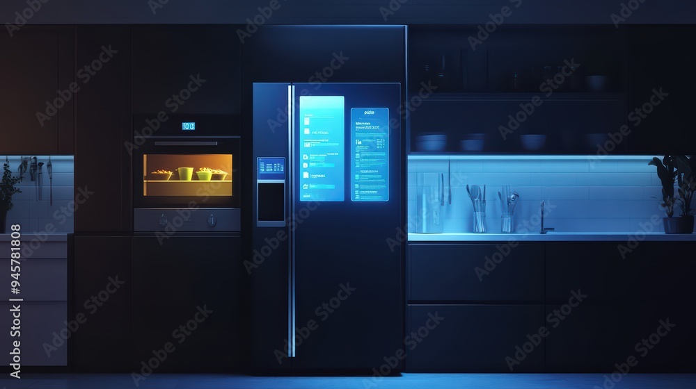 Modern kitchen with sleek refrigerator and oven, illuminated by soft blue light, showcasing innovative technology and contemporary design. Modern kitchen with sleek refrigerator and oven, illuminated by soft blue light, showcasing innovative technology and contemporary design.