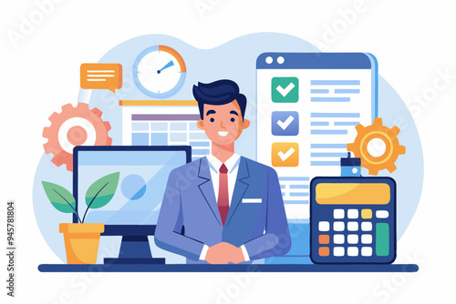 Salary payroll system, online income calculate and automatic payment, office accounting administrative or calendar pay date, employee wages concept, businessman standing with online payroll computer.
