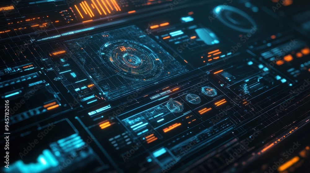 Futuristic Tech Interface with Blue and Orange Glowing Elements - Abstract Digital Dashboard Futuristic Tech Interface with Blue and Orange Glowing Elements - Abstract Digital Dashboard