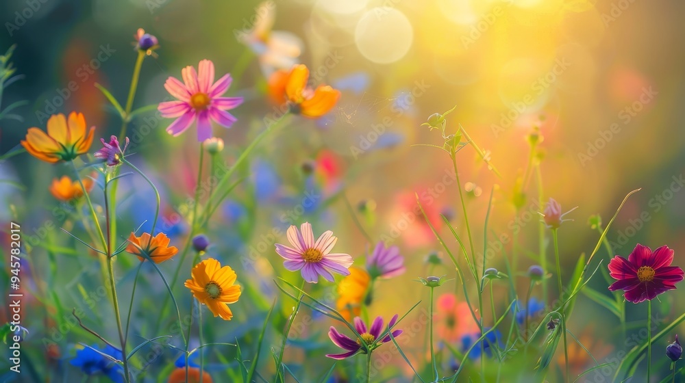 A captivating image of a meadow bursting with colorful wildflowers bathed in the warm glow of the setting sun. The soft focus on the background creates a dreamy atmosphere, emphasizing the delicate be A captivating image of a meadow bursting with colorful wildflowers bathed in the warm glow of the setting sun. The soft focus on the background creates a dreamy atmosphere, emphasizing the delicate be