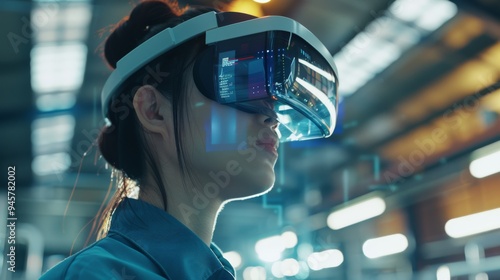 A woman wearing a futuristic VR headset immerses in a digital environment with a colorful, high-tech background.