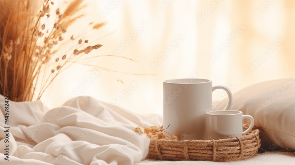 An arrangement of two white mugs, one larger and one smaller, placed in a rustic woven basket on top of soft fabric, illuminated by gentle, warm light, evoking coziness. An arrangement of two white mugs, one larger and one smaller, placed in a rustic woven basket on top of soft fabric, illuminated by gentle, warm light, evoking coziness.