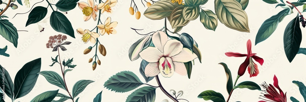 A captivating seamless pattern featuring a harmonious blend of delicate white flowers, vibrant red blossoms, and lush green foliage. The intricate details of the flowers and leaves create a sense of e A captivating seamless pattern featuring a harmonious blend of delicate white flowers, vibrant red blossoms, and lush green foliage. The intricate details of the flowers and leaves create a sense of e