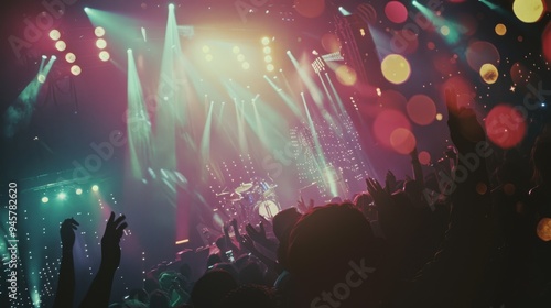 A vibrant concert scene with colorful lights, energetic crowd, and an electric atmosphere captures the essence of live music.