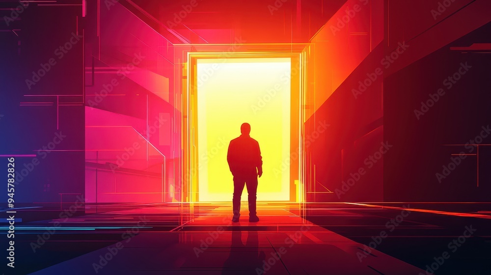 Silhouette of businessman standing in front of glowing futuristic door. Technology concept
Silhouette of businessman standing in front of glowing futuristic door. Technology concept