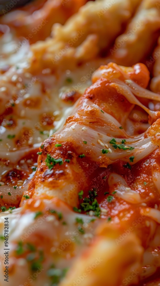 Closeup of a delicious plate of pasta with melted cheese and herbs, along with crispy garnishes creating a visually enticing and flavorful dish perfect for any meal. Closeup of a delicious plate of pasta with melted cheese and herbs, along with crispy garnishes creating a visually enticing and flavorful dish perfect for any meal.