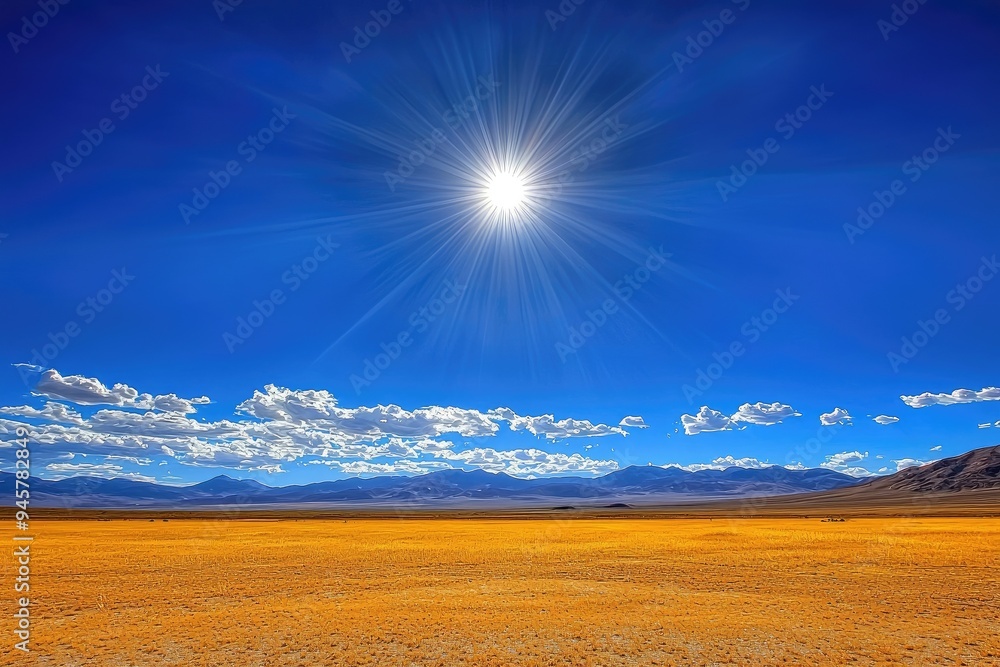 A stunning desert landscape with a bright sun and dramatic clouds under a clear blue sky. A stunning desert landscape with a bright sun and dramatic clouds under a clear blue sky.