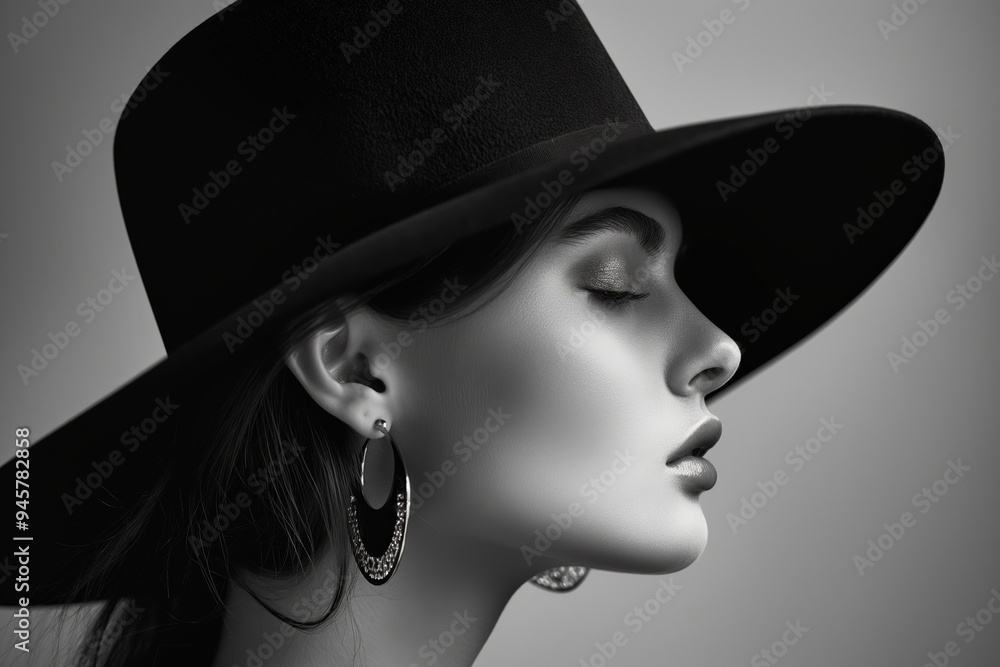 Elegant woman in profile wearing a wide-brimmed black hat and hoop earrings, captured in dramatic black and white Elegant woman in profile wearing a wide-brimmed black hat and hoop earrings, captured in dramatic black and white