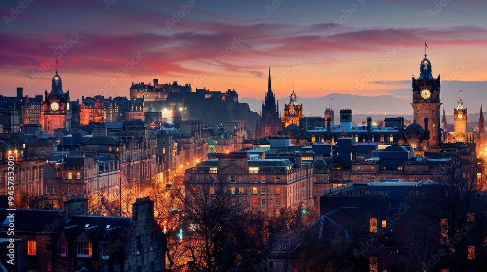 Obraz premium A captivating view of Edinburgh, Scotland, as the sun sets. The city's iconic castle sits prominently in the background, silhouetted against a vibrant sunset sky. The cityscape unfolds below, showcasi