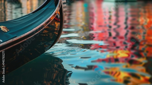 The vibrant reflection of colorful buildings on a canal as a gondola gently glides through the water.