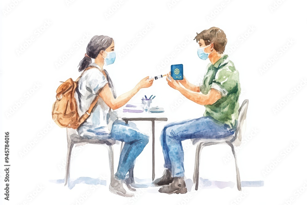 Two individuals in masks discussing travel documents at a table, emphasizing safety and communication in a post-pandemic world. Two individuals in masks discussing travel documents at a table, emphasizing safety and communication in a post-pandemic world.