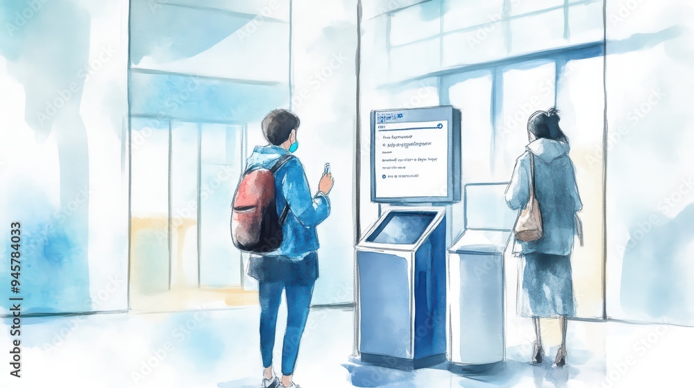 Two individuals interact with a digital kiosk in a modern, bright space, blending technology and everyday life. Two individuals interact with a digital kiosk in a modern, bright space, blending technology and everyday life.