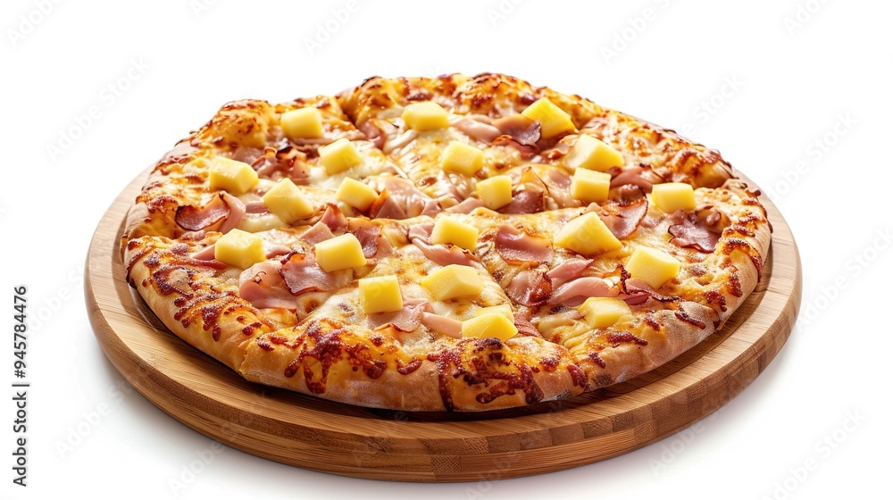Hawaiian pizza on wooden plate isolated on white background. Hawaiian pizza on wooden plate isolated on white background.