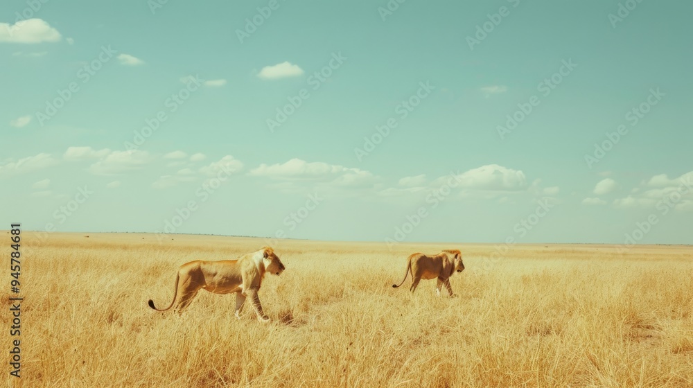 Naklejka premium Two lions majestically stride across the golden savanna, under a vast, clear sky, embodying the wild beauty and freedom of the African wilderness.