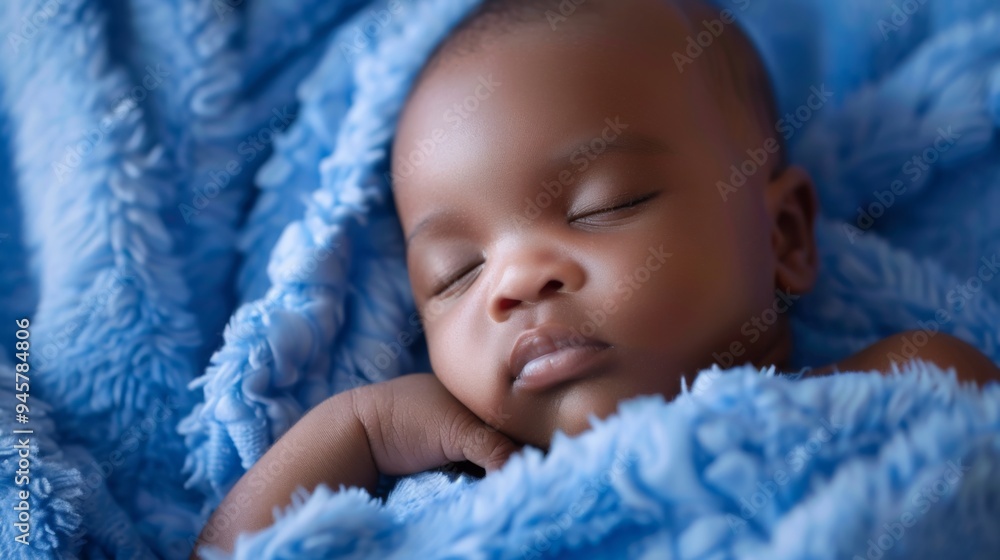 Close-up of a sleeping baby wrapped in a soft blue blanket, conveying warmth, comfort, and tranquility, capturing a peaceful and serene moment of rest. Close-up of a sleeping baby wrapped in a soft blue blanket, conveying warmth, comfort, and tranquility, capturing a peaceful and serene moment of rest.