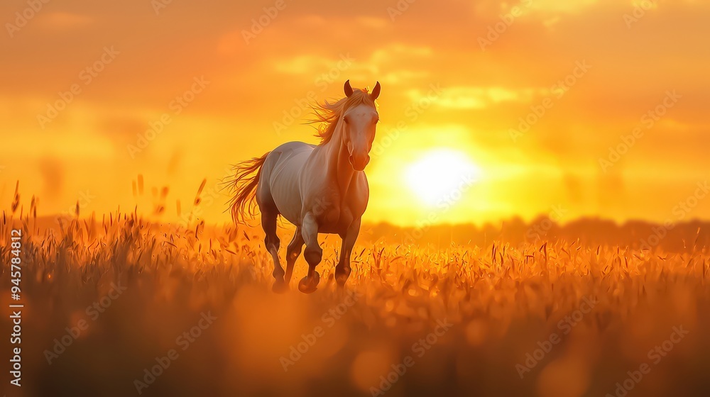 A horse galloping through an open field at sunset A horse galloping through an open field at sunset