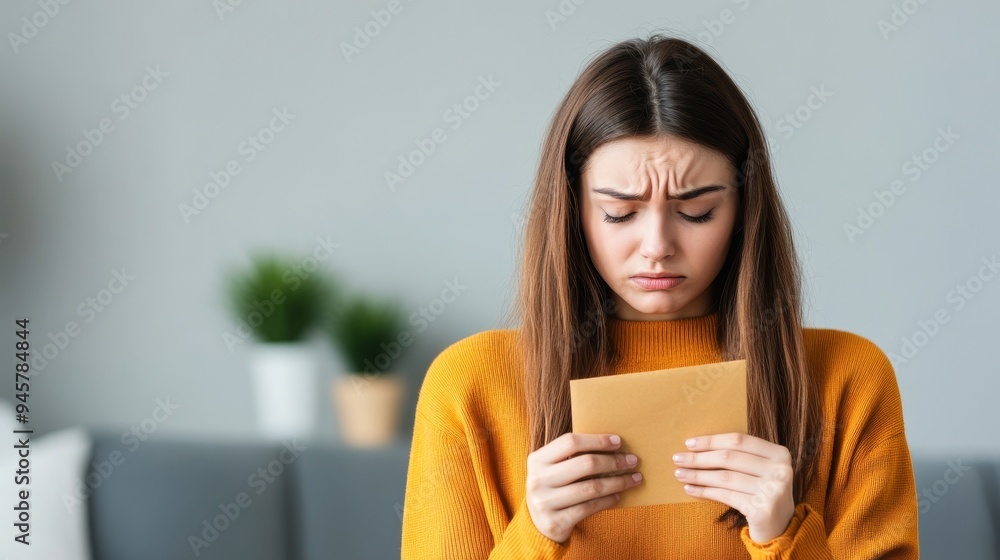 young woman reading bad news on envelope with sad and disappointed expression - emotional response to unexpected message young woman reading bad news on envelope with sad and disappointed expression - emotional response to unexpected message