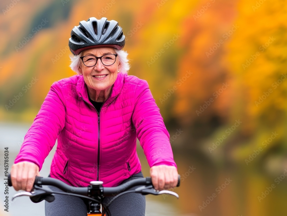 happy senior woman smiling on bicycle ride during autumn foliage. happy senior woman smiling on bicycle ride during autumn foliage.