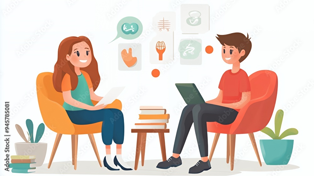 Two people engaged in a discussion with visual aids and a relaxed atmosphere. Two people engaged in a discussion with visual aids and a relaxed atmosphere.