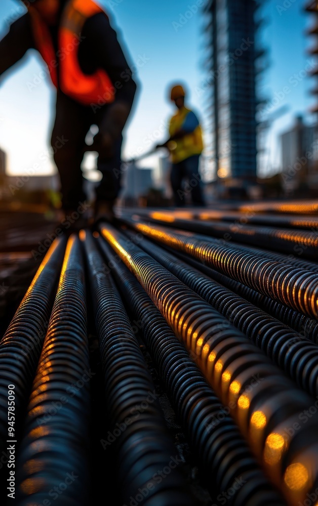 Close-up view of construction workers handling steel rebar at a construction site during sunset. Close-up view of construction workers handling steel rebar at a construction site during sunset.