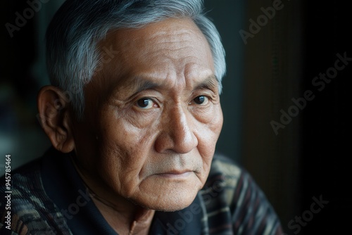 An elderly man with gray hair sits quietly, his expression reflecting deep thought as warm afternoon light softly illuminates his face. Generative AI