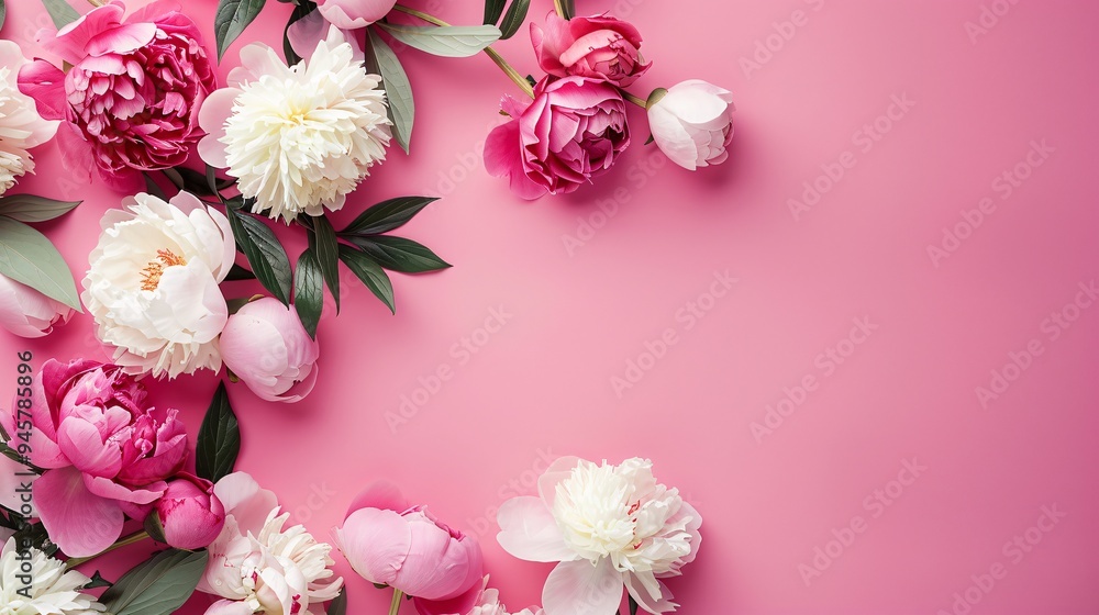 Beautiful peony flowers on pink background. Flat lay, top view with copy space. Beautiful peony flowers on pink background. Flat lay, top view with copy space.